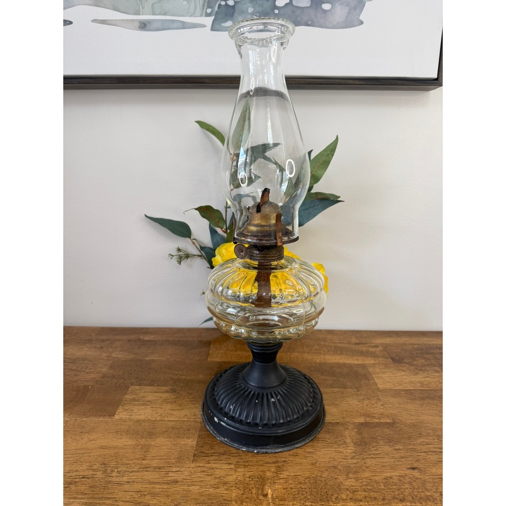 Antique Oil Lamp‎ Clear Glass Font Pink UV Glow Metal Base Farmhouse Victorian
